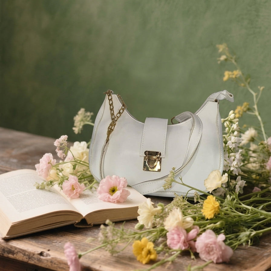 White Curved Leatherette Hobo Shoulder Bag