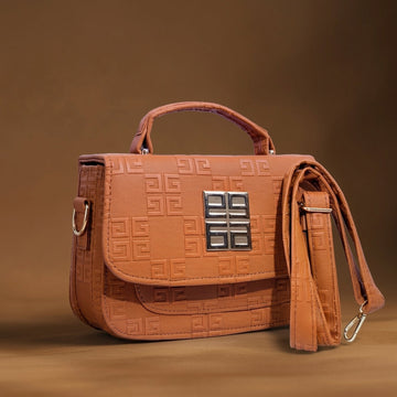 Brown Embossed Geometric Crossbody Handbag