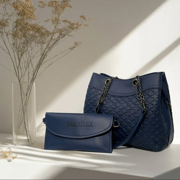 Navy Leatherette Chain Shoulder Tote