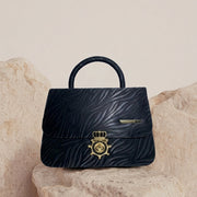 Black Textured Crown Emblem Handbag