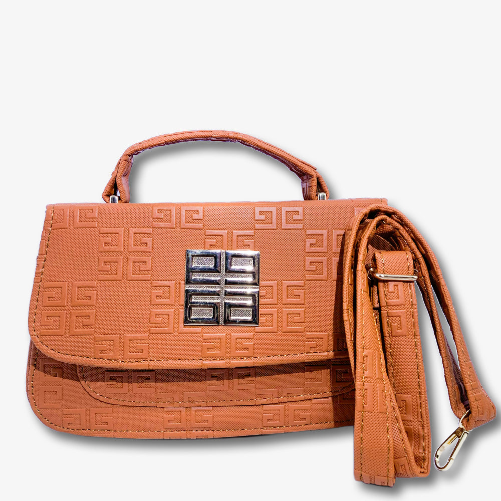 Brown Embossed Geometric Crossbody Handbag